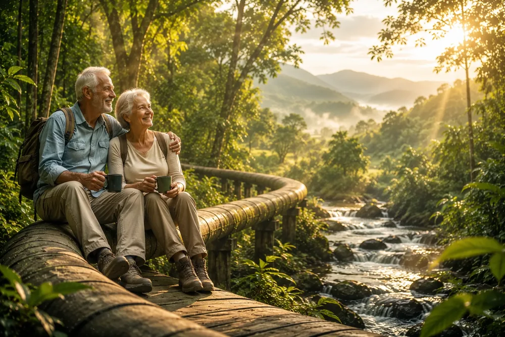 A retired couple resting on a wooden footbridge in a green valley at golden hour